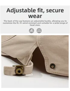 Detail view of the adjustable metal strap and beige cotton fabric of the beret hat
