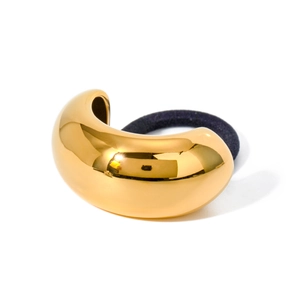 Sleek gold metallic bean hair tie with high-elastic black band on white background