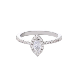 Luxury silver ring featuring a large marquise-cut zircon with shimmering halo and side stones