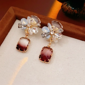 Alloy Rhinestone Flower Dangle Earrings With Rectangular Glass Pendant French Retro Style With Silver Earring Post