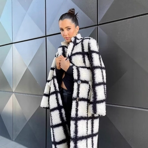 Women Long Plaid Fleece Coat Black White Checkered Lapel Loose Plush Winter Jacket Outerwear Elegant Streetwear For Lady
