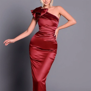 Robe De Soirée Femme Une Épaule Satin Polyester Spandex Froncé Bodycon Fente Fête Bal Mariage Sexy Élégante