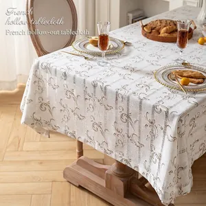 French Vintage Rectangular Tablecloth Polyester Linen Look Floral Leaf Print Dustproof Decorative Cover For Home Dining Room