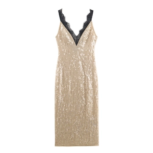 Elegant Sequin V-Neck Camisole Maxi Dress With Lace Trim For Women Evening Party Sparkling Champagne Gold