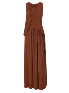 Elegant sleeveless brown maxi dress with stylish ruched details and a flowing drape