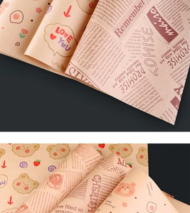 Close-up of food-grade sandwich wrapping paper with cartoon bears and floral patterns