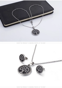 Detailed view of Tree of Life jewelry set with round coin pendant and stud earrings