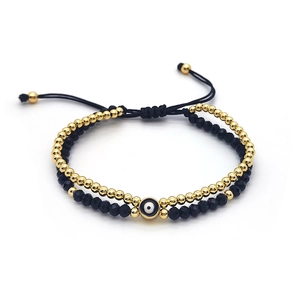 Double-layer gold beads and black crystal bracelet with evil eye charm and adjustable cord