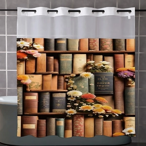 Close-up of double-layer waffle shower curtain with vintage bookshelf and floral print