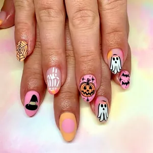 Unghie Finte Halloween Mandorla Corte Rosa Opaco ABS Zucca Fantasma Ragno Cartone Animato Carino Per Donna