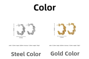 Detail view of wavy C-shape earrings in gold and silver finish with dimensions