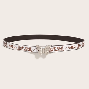 Y2K vintage white belt for women featuring brown butterfly prints and a silver butterfly buckle