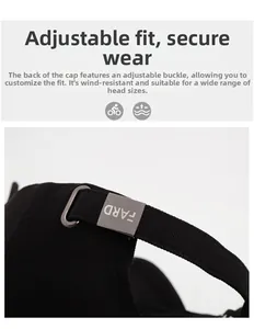 Detail of adjustable metal buckle and strap on back of black cotton baseball cap