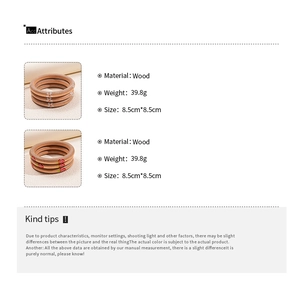 Detail specifications of wood bangle set with floral and strawberry print patterns
