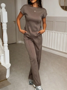 Women's casual two-piece summer set with short sleeve t-shirt and brown straight-leg trousers