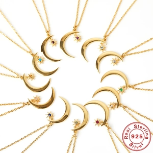 925 Sterling Silver Moon Star Birthstone Pendant Necklace For Women Gold Plated Zirconia Turquoise Artificial Pearl Gift