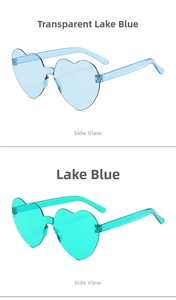 Detail view of heart-shaped rimless sunglasses in transparent and vibrant lake blue