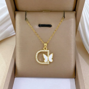 Butterfly D Letter Pendant Necklace Stainless Steel Copper Rhinestone Shell Elegant Jewelry For Women