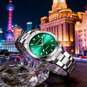 Detail of silver quartz watch with green dial and crystals on city night background