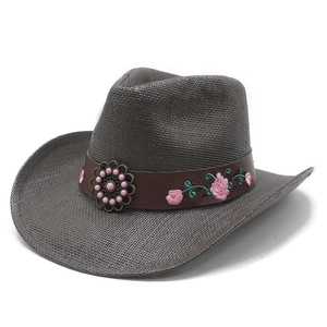 Grey western cowboy straw hat with pink floral embroidery and metal buckle on decorative band