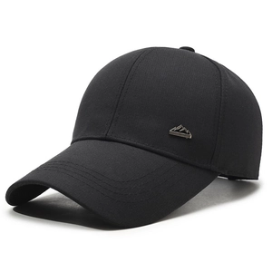 Minimalist black baseball cap with metallic mountain logo and reinforced visor for men