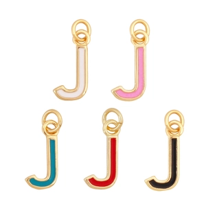 Detailed view of colorful letter J metal pendants in five various enamel colors