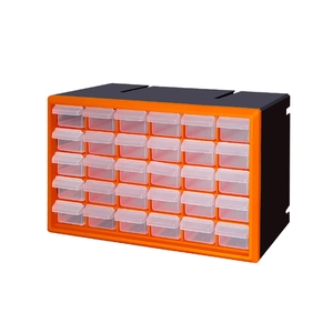 30-drawer stackable plastic organizer box in orange and black for component storage