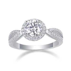 Classic 925 sterling silver engagement ring with 1 carat center stone on white background