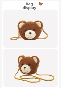 Detail view of plush bear shoulder bag showing embroidery face and zip closure