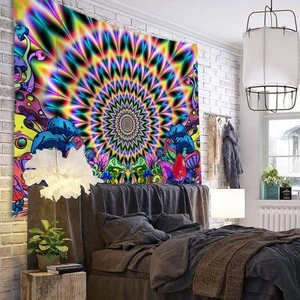Tenture murale mandala psychédélique aux couleurs vives avec champignons déco