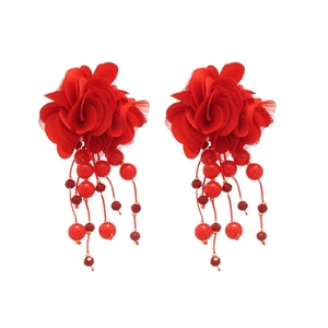 Red fabric flower tassel earrings with multilayer petals and delicate beads
