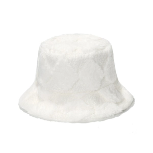 Detailed view of white plush bucket hat with soft quilted geometric diamond pattern