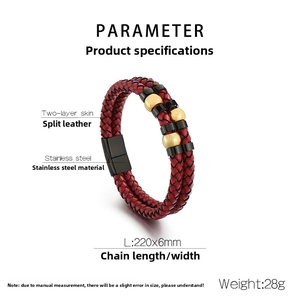 Detail view of double-layer woven leather bracelet with magnetic clasp and specs