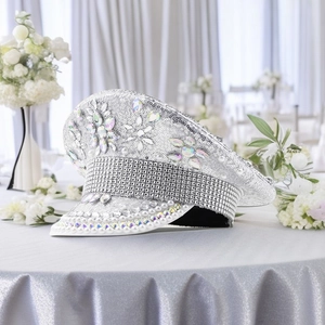 Silver sequin captain hat with pearls and rhinestones for weddings and disco parties