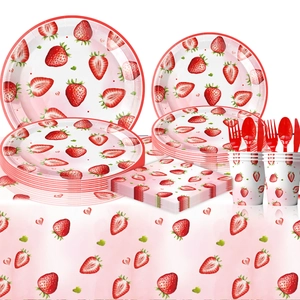 Strawberry theme party tableware set with paper plates, cups, and napkins for birthdays