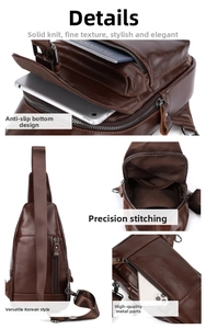 Detail of dark brown leather crossbody bag showing large capacity and multi-pocket design