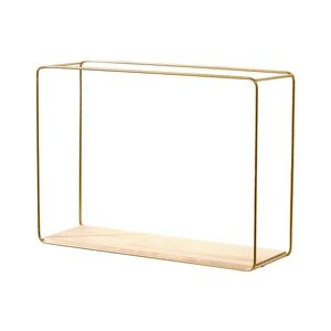 Nordic style rectangular gold metal wall shelf with light wood base in minimalist design