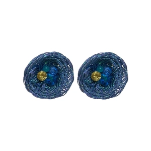 Deep blue wire-wrapped floral earrings with inlaid crystals on a white background