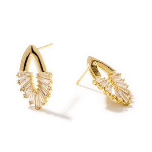 Elegant gold earrings with baguette-cut clear zircons in fan-shaped design on white background