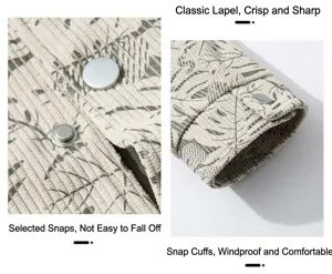 Detail of leaf print corduroy jacket showing lapel collar, snap buttons, and windproof cuffs