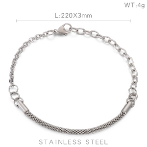 Detail view of a 3mm wide stainless steel woven chain bracelet showing links and texture