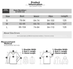 Size guide for satin split maxi dress with S, M, L bust, waist, and hip measurements
