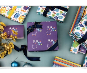 Detail view of monster illustration gift wrapping paper and boxes for kids birthdays