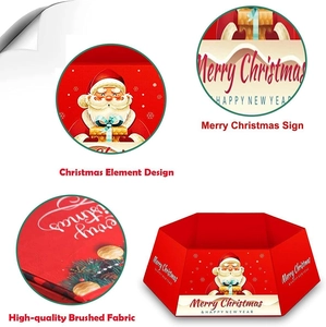 Red Christmas tree skirt collar with Santa Claus pattern and Merry Christmas text