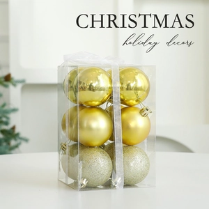 Lot de 6 boules de Noël dorées mates, brillantes et pailletées dans une boîte cadeau PVC