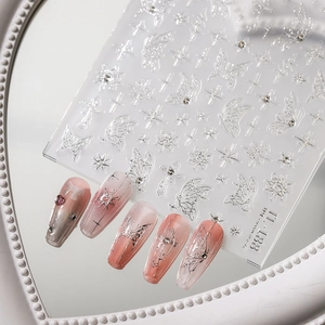 3D Embossed Nail Art Stickers Metallic Silver Holographic Butterfly Star Cross Y2K Adhesive Manicure Decoration