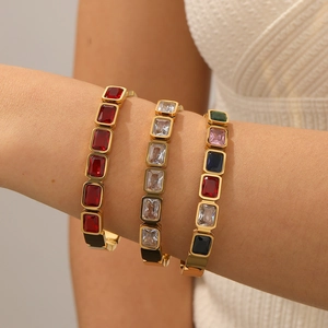 Fashion Stainless Steel Bangle For Women With Square Zircon Rectangular Cut Colorful Gemstone Non-fading Jewelry