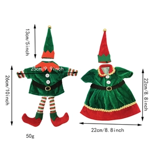 Detailed dimensions of red and green elf wine bottle covers for Christmas table decor