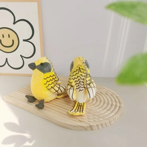 Cute yellow plush nightingale bird keychain toy set with metal clip on wooden tray