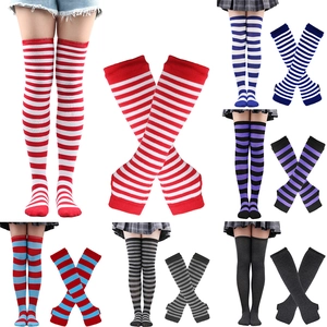 Striped over-the-knee high socks and long fingerless gloves set in multiple colorways